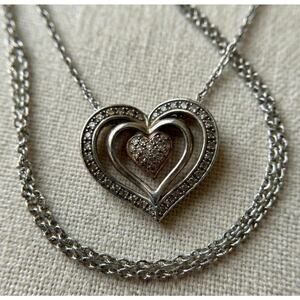 Vintage Sterling Silver Two Tone Diamond Accent Triple Heart Pendant Necklace